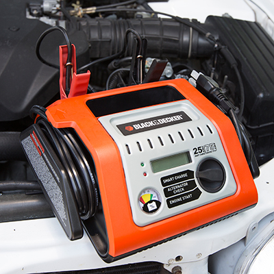 BLACK & DECKER® 25 Amp Battery Charger - Jump start your vehicle in 90 seconds and check your alternator with this battery charger.  Patented engine start jumps your vehicle in 90 seconds, patented alternator check and Set & Forget™ selector automatically selects your charge rate and adjusts to trickle charge.  Includes digital scrolling display, battery status gauge, simple selector dial, heavy duty clamps and cord storage.